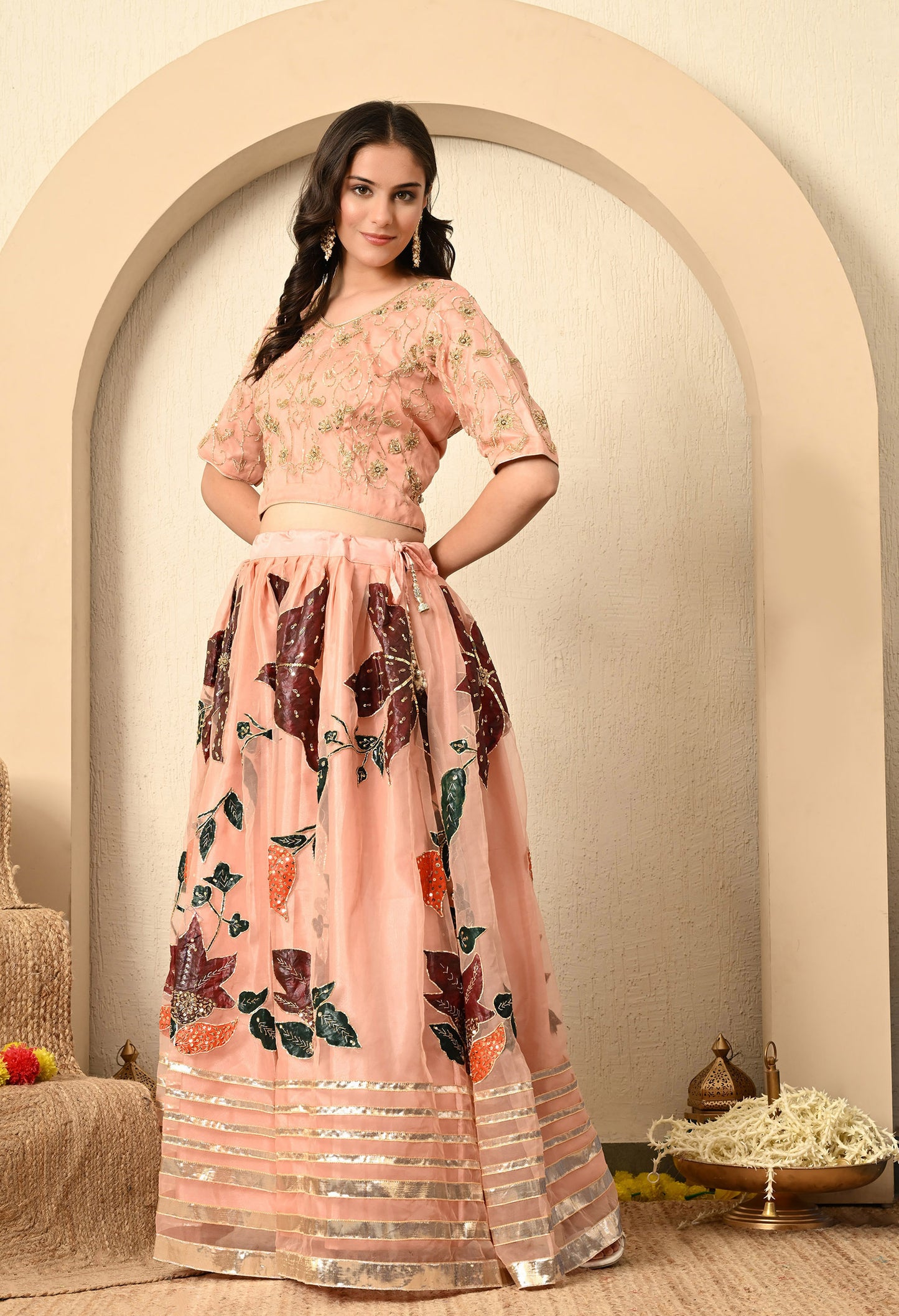 Dark Peach Lehenga Set with Hand Paint, Gotta, Zardozi, and Sequence Work