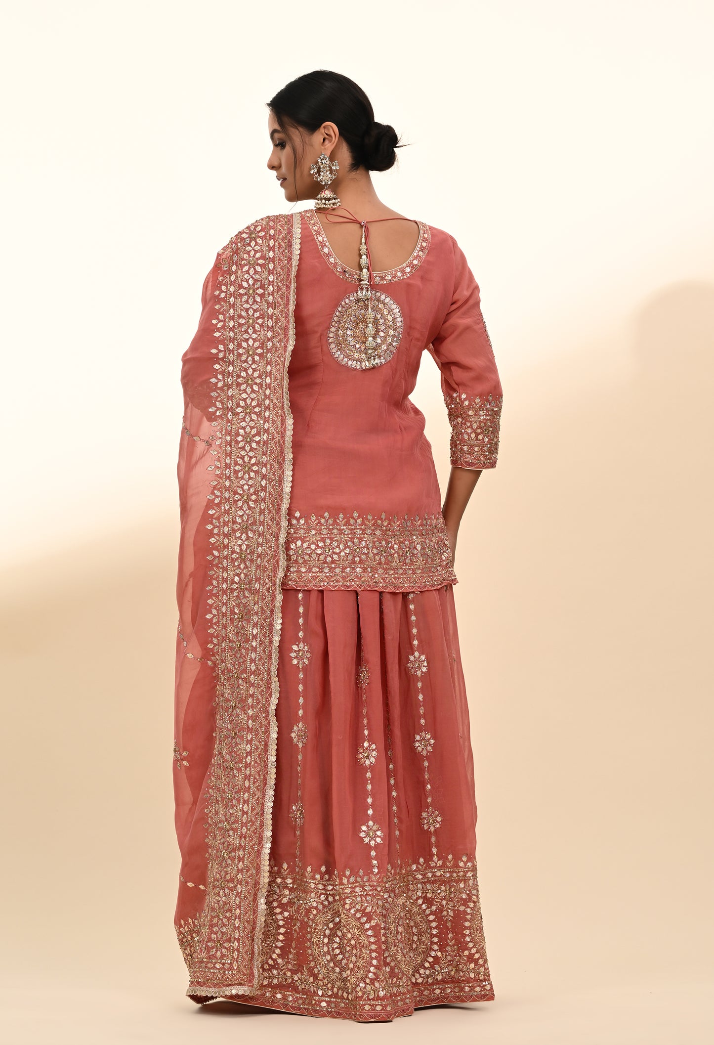 Creamy Peach Organza Lehenga Set with Zardozi, Gotta, and Crystal Embroidery