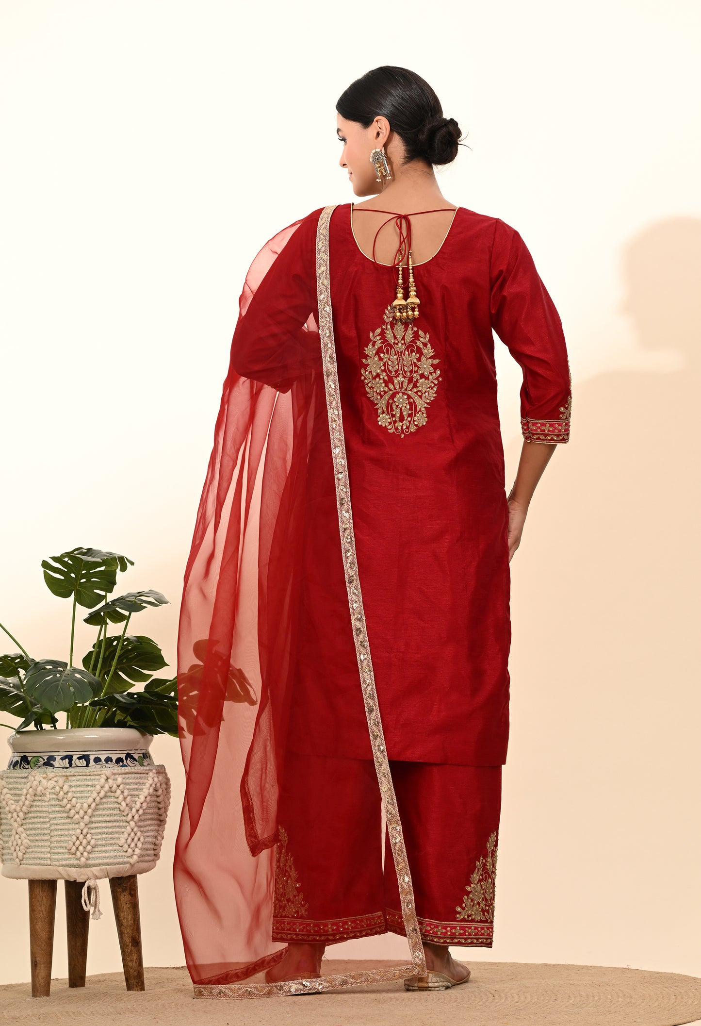 Deep Maroon Silk Kurta Set with Thread and Sequin Embroidery