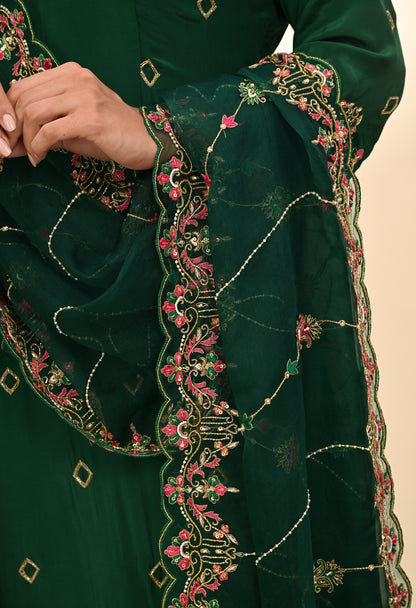 Luxurious Dark Green Crepe Kurta Set with Exquisite Zardozi Embroidery