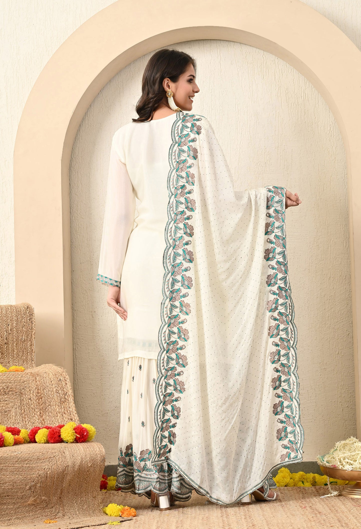 Off White Cream Sharara Set with Elegant Thread and Crystal Work