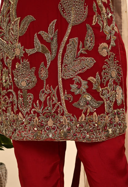 Rich Reddish Maroon Kurta Set with Zardozi Embroidery