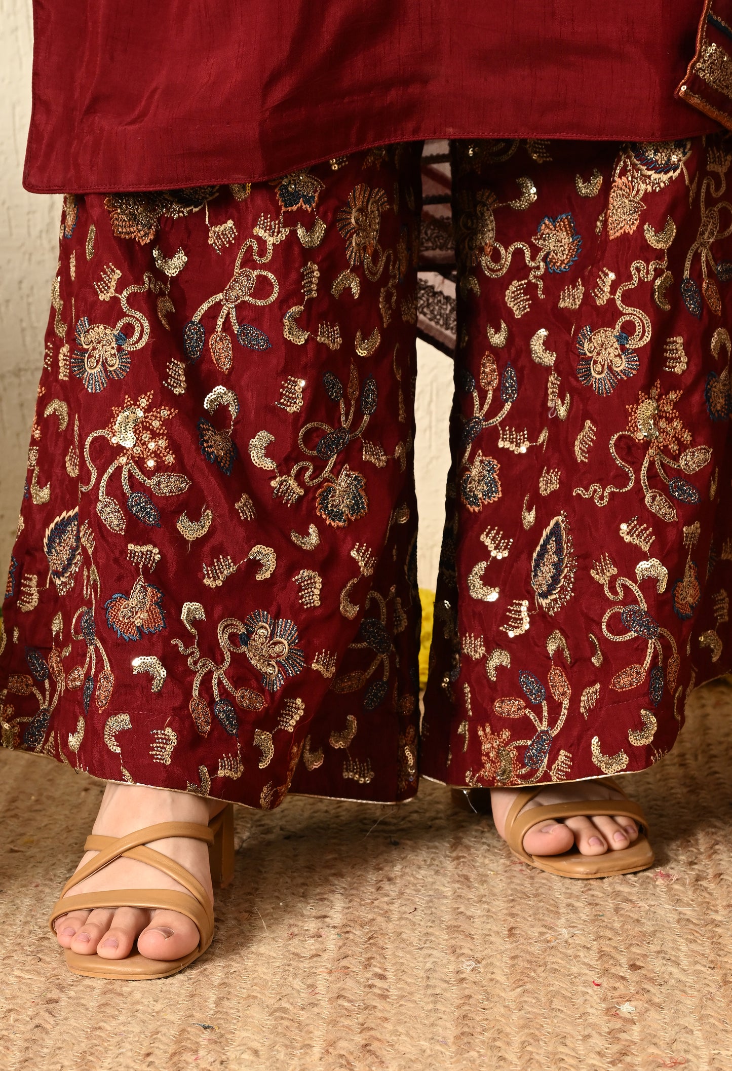 Red Maroon Sharara Set with Thread, Zari, and Sequence Work