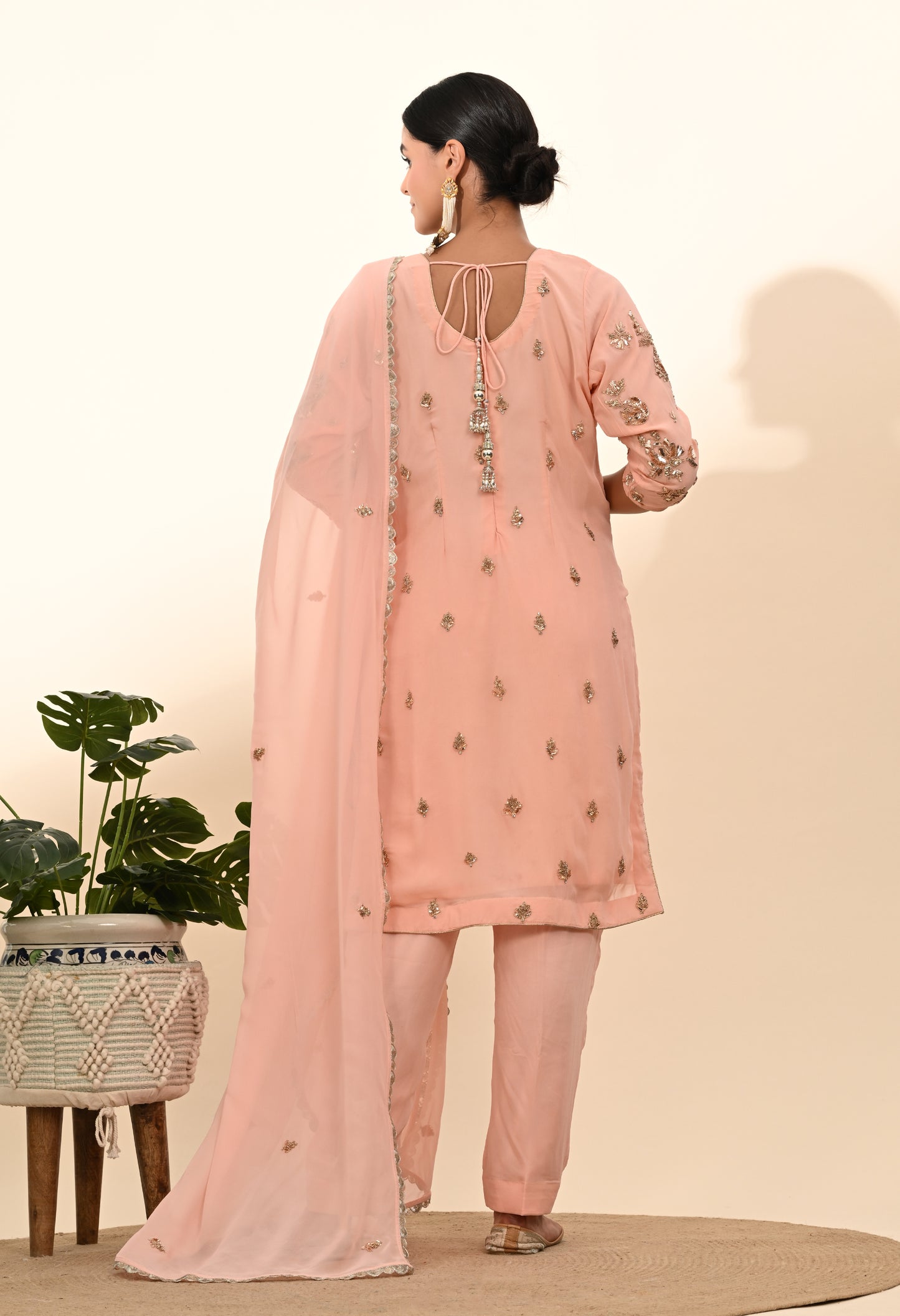 Soft Pink Peach Georgette Kurta Set with Mukaish and Zardozi Embroidery