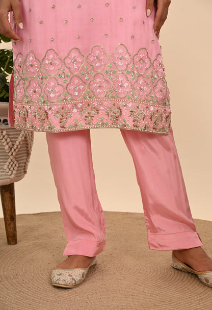 Elegant Onion Pink Organza Kurta Set with Sequence and Thread Embroidery