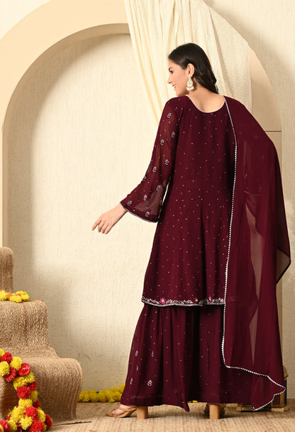 Dark Wine Sharara Set with Thread and Crystal Work