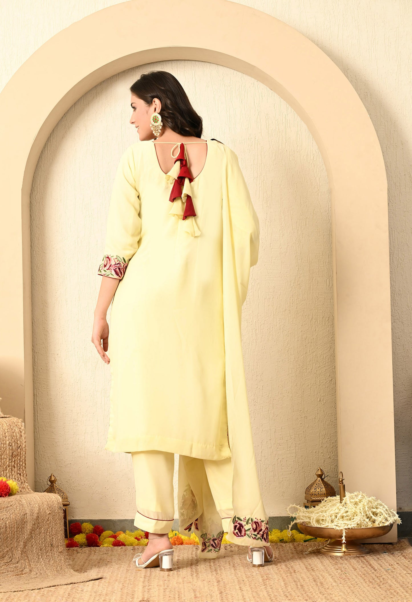 Custard Yellow Kurta Set with Thread and Parsi Work