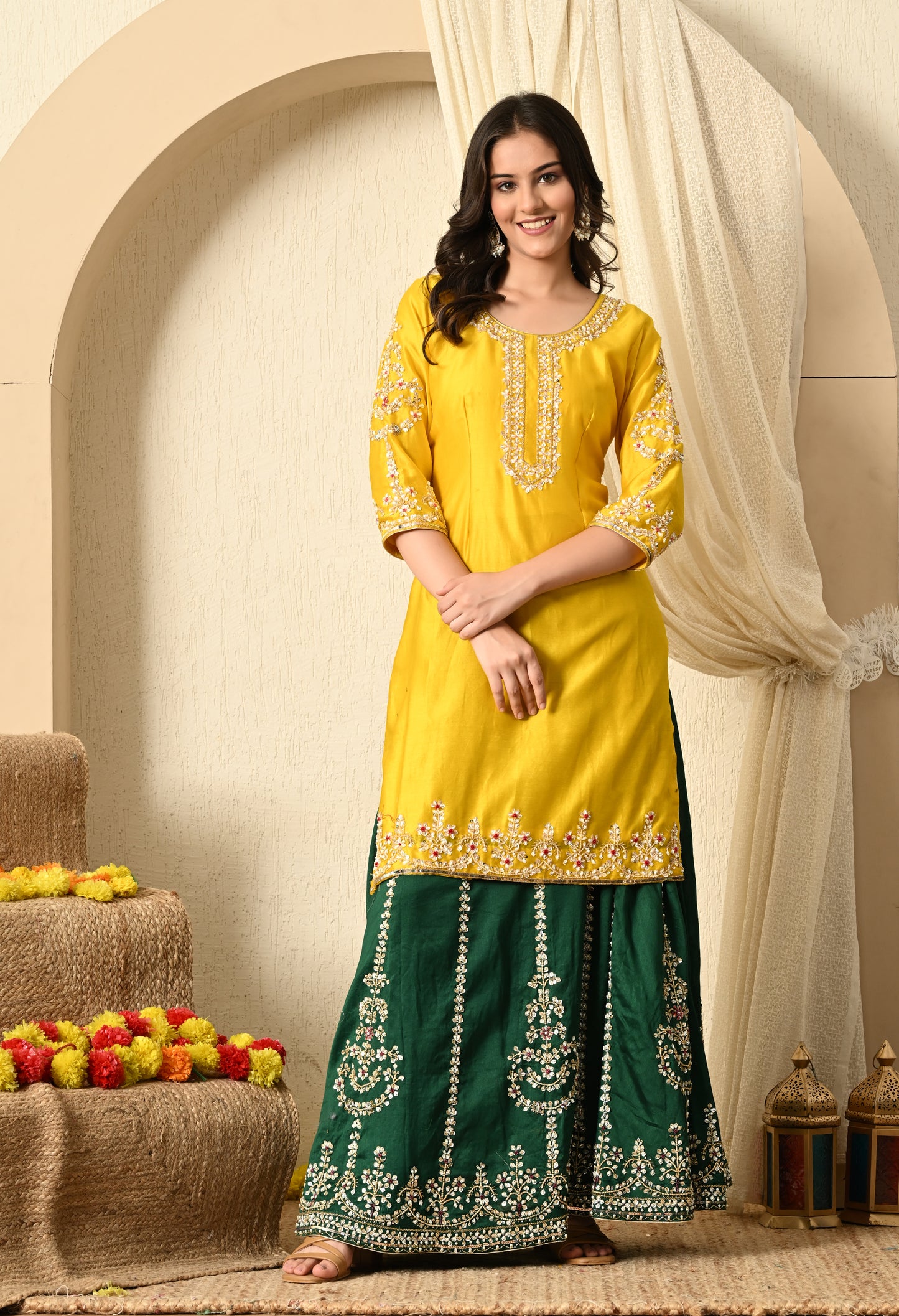 Green and Yellow Lehenga Set with Exquisite Sequence Work