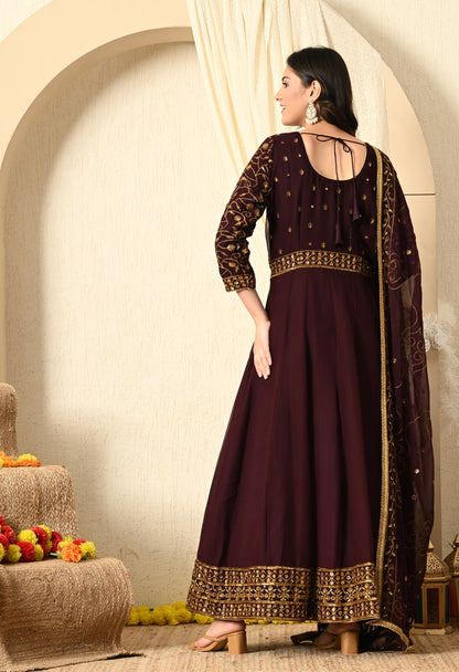 Dark Wine Anarkali  with Zardozi and Sequence Work