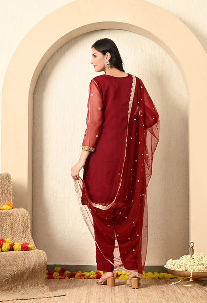 Maroon Red Kurta Set with Zardozi, Dabka, and Crystal Work