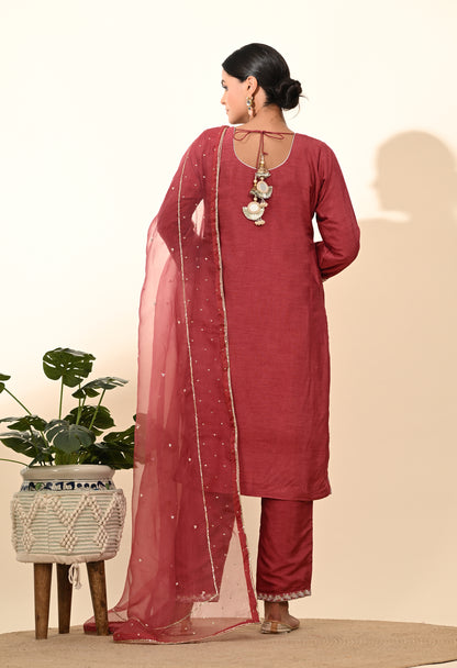 Warm Brown Red Silk Kurta Set with Zardozi Embroidery