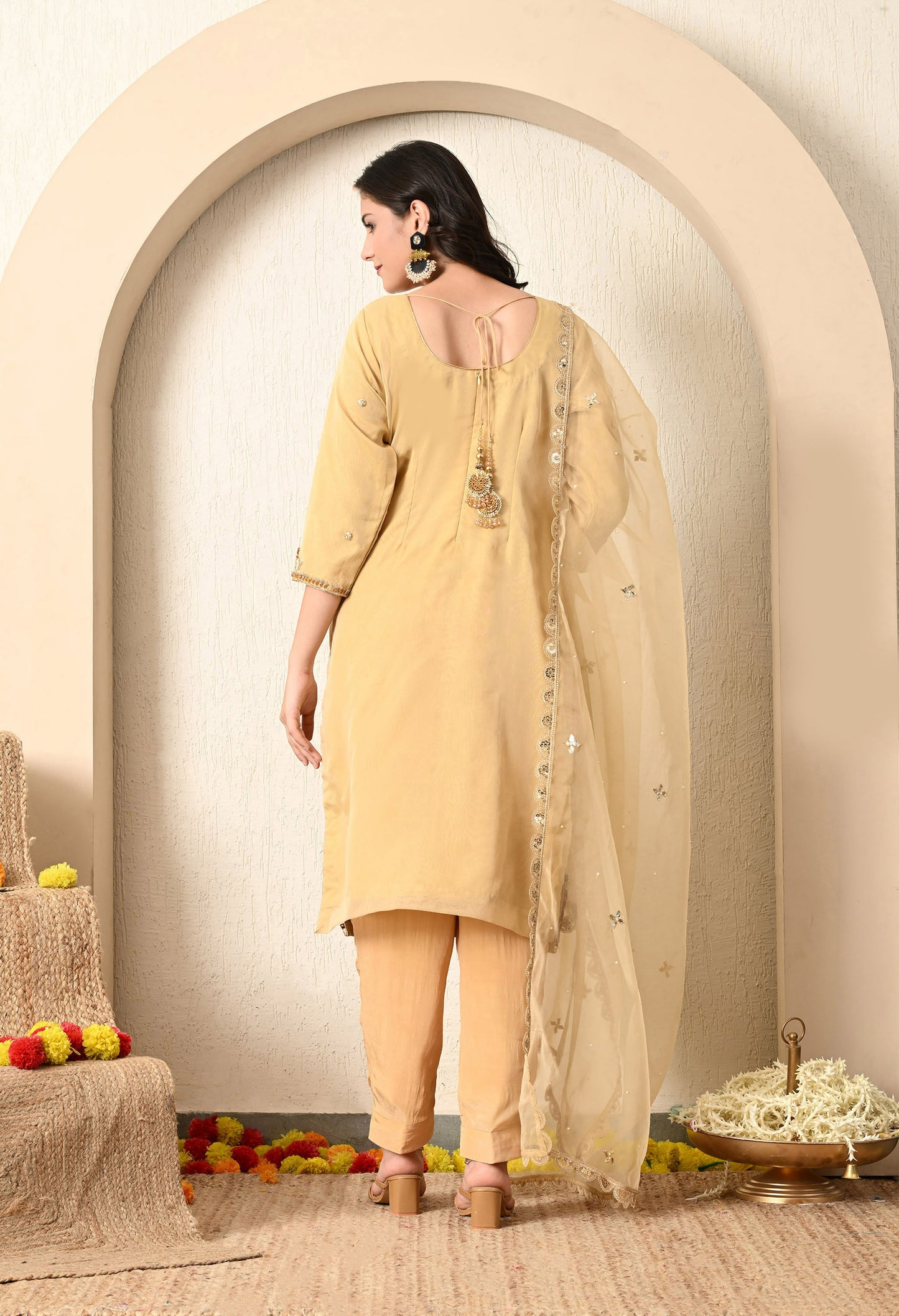 Golden Yellow Kurta Set with Zardozi, Thread, Pearl and Mirror Work