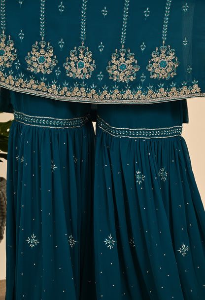 Striking Firozi Blue Georgette Sharara Set with Thread and Crystal Embroidery