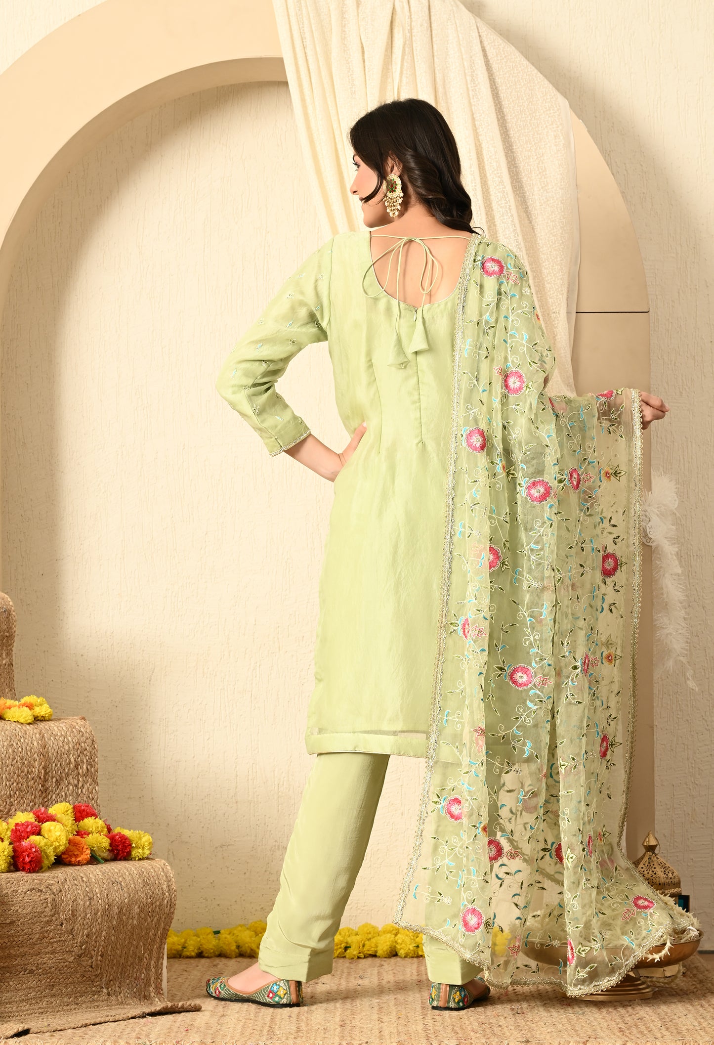 Light Green Kurta Set with Parsi, Thread & Crystal Work