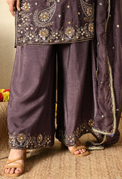 Purplish Grey Kurta Set with Mukaish, Zardozi and Sequence Work