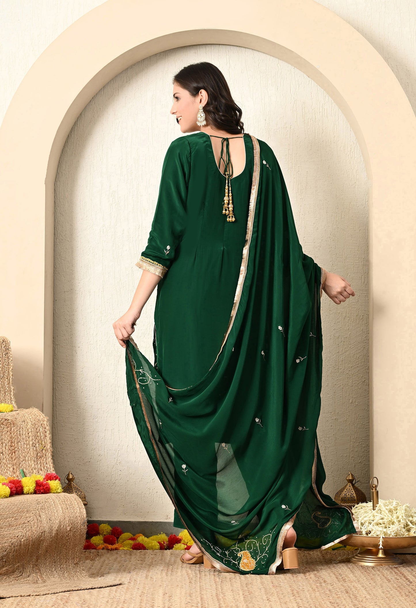 Bottle Green Kurta Set with Zardozi, Applique, and Sequence Work