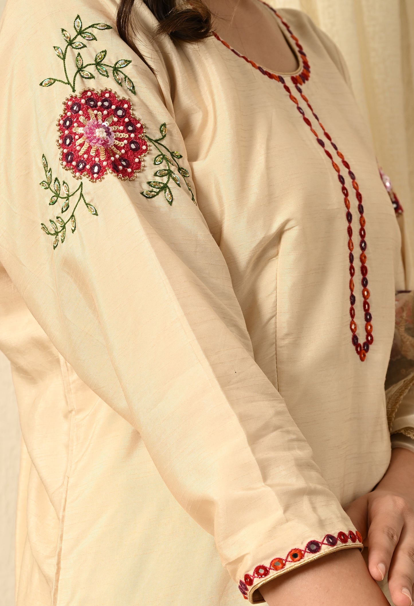 Dark Cream Kurta Set with Sequence and Thread Work