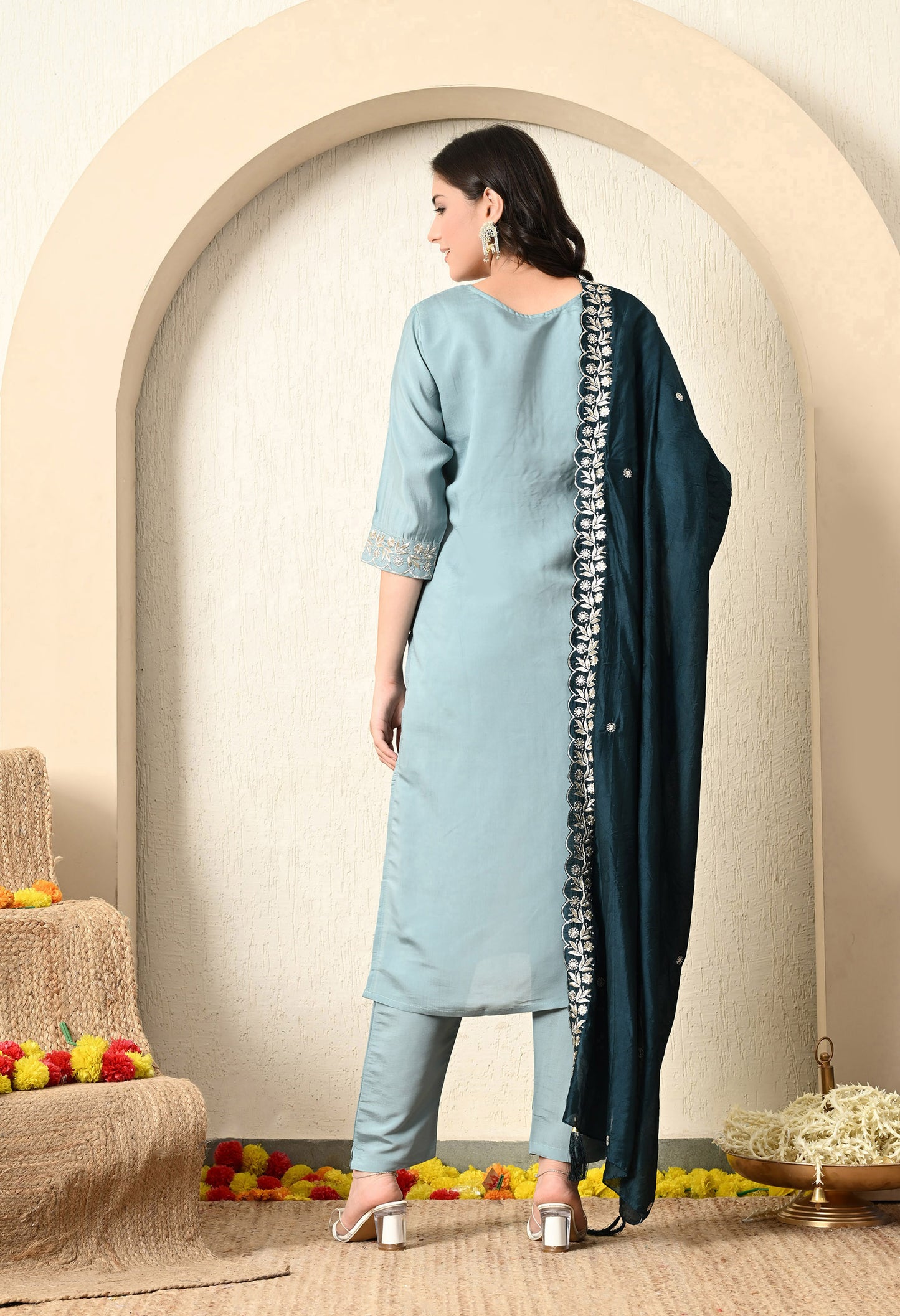 Greyish Blue Kurta Set with Zardozi and Zari work