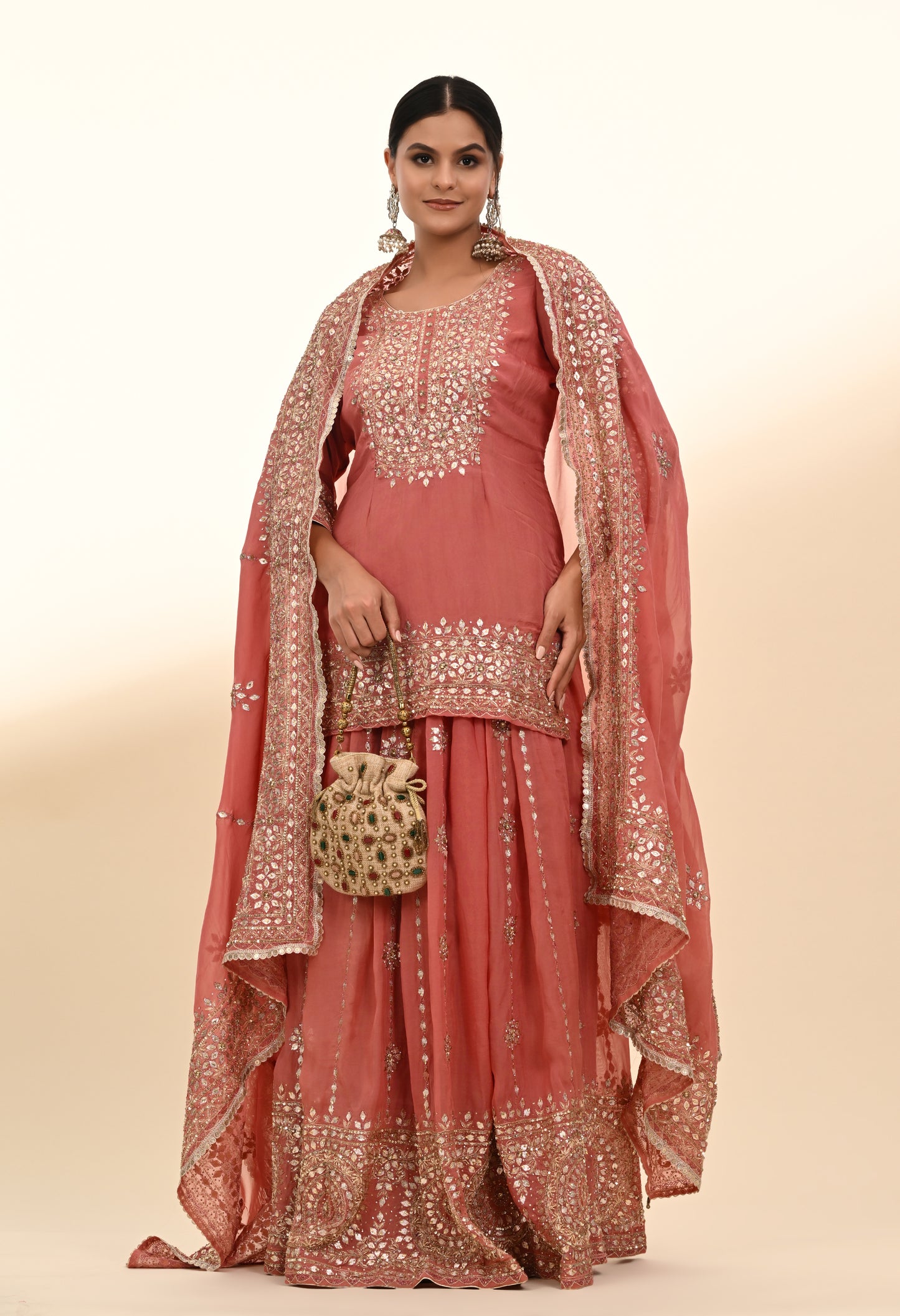 Creamy Peach Organza Lehenga Set with Zardozi, Gotta, and Crystal Embroidery