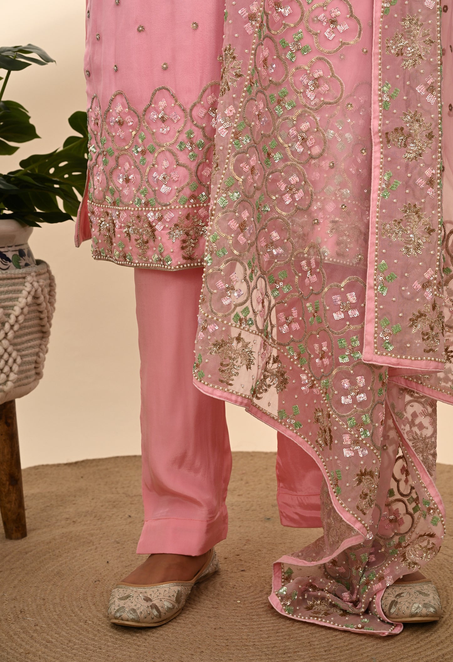 Elegant Onion Pink Organza Kurta Set with Sequence and Thread Embroidery