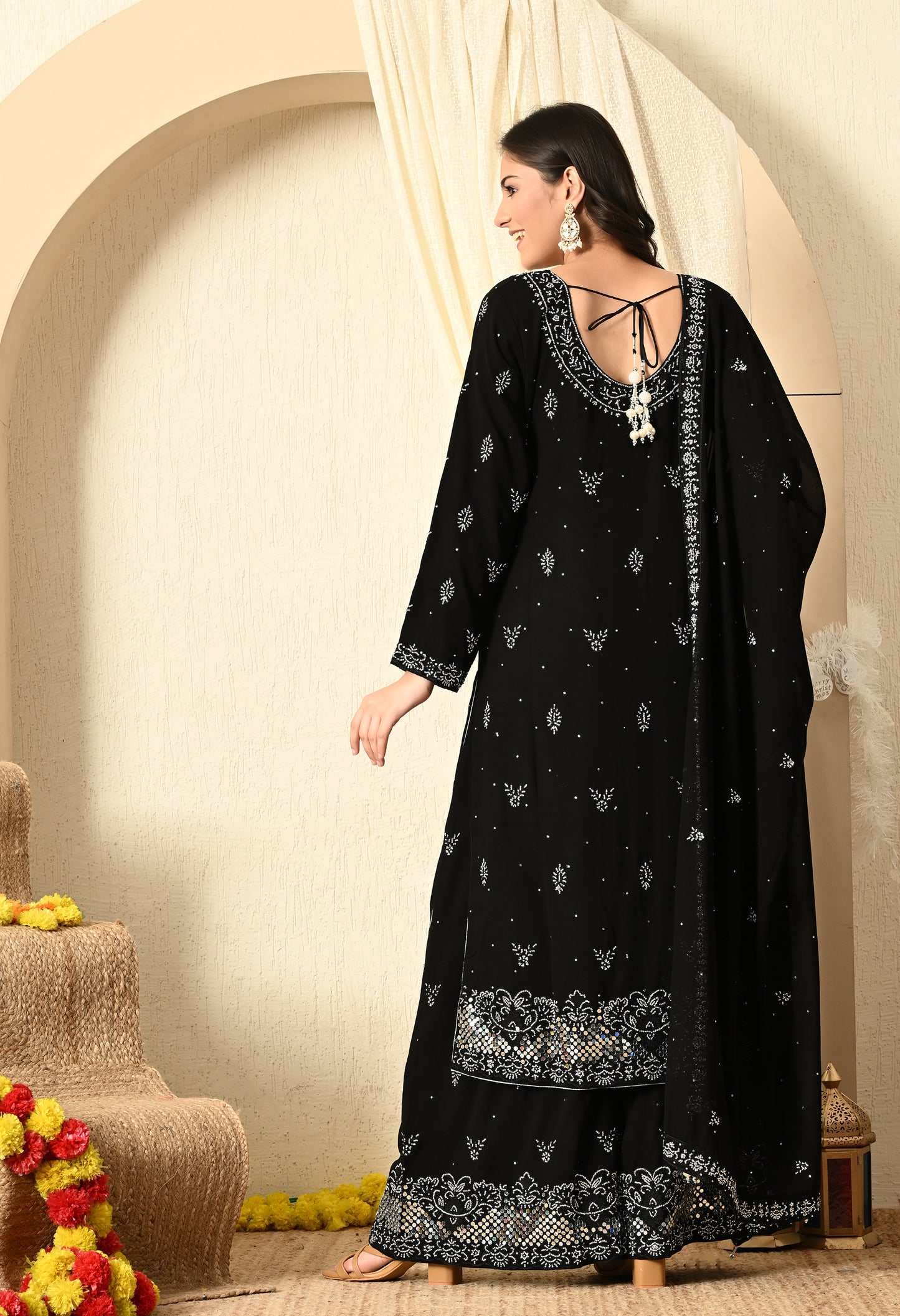 Black Sharara Set with Beautiful Thread and Mirror Work