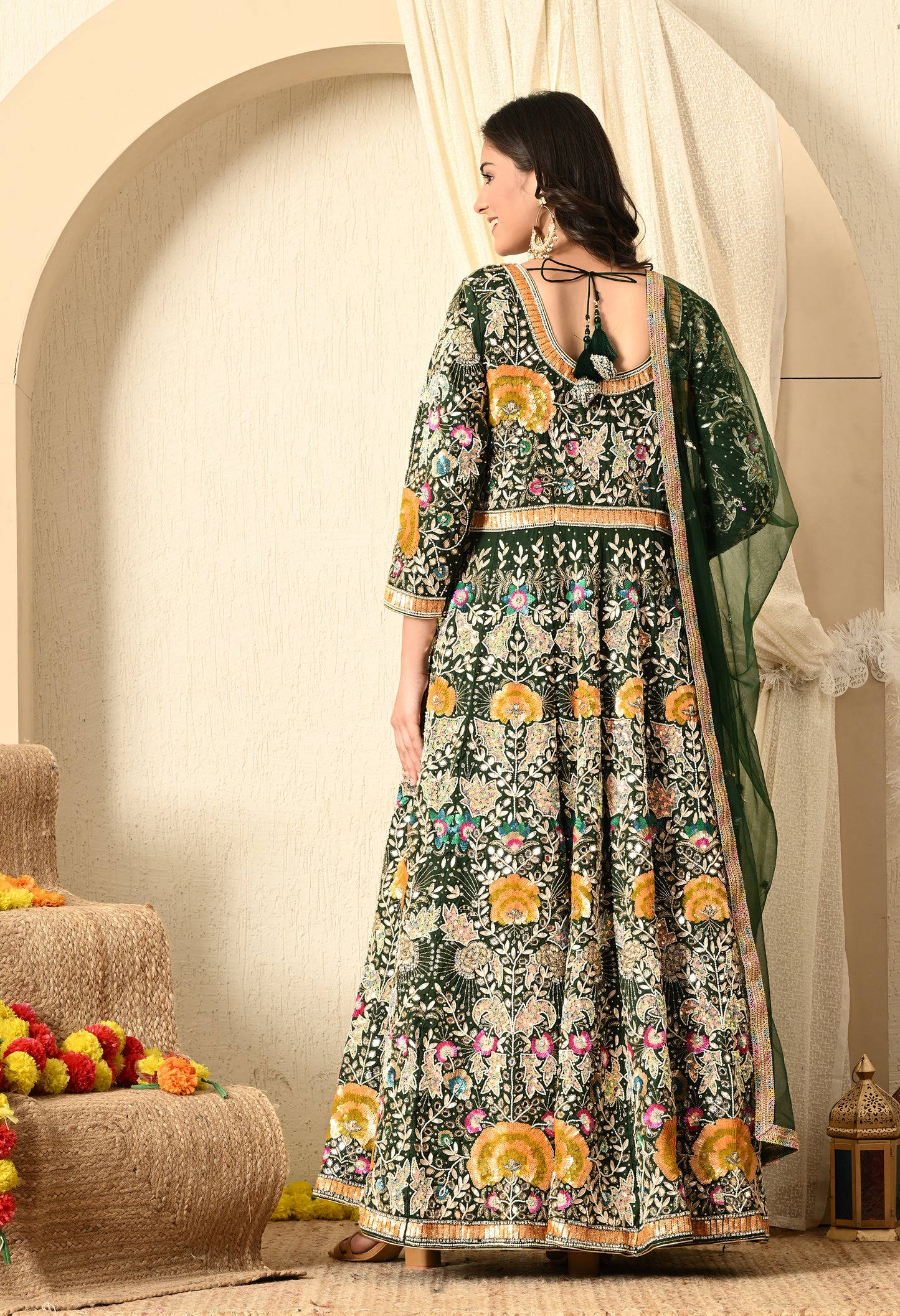 Bottle Green Anarkali with Zardozi, Sippy, Sequence, and Mirror Work