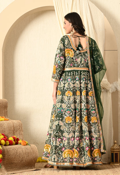 Bottle Green Anarkali with Zardozi, Sippy, Sequence, and Mirror Work