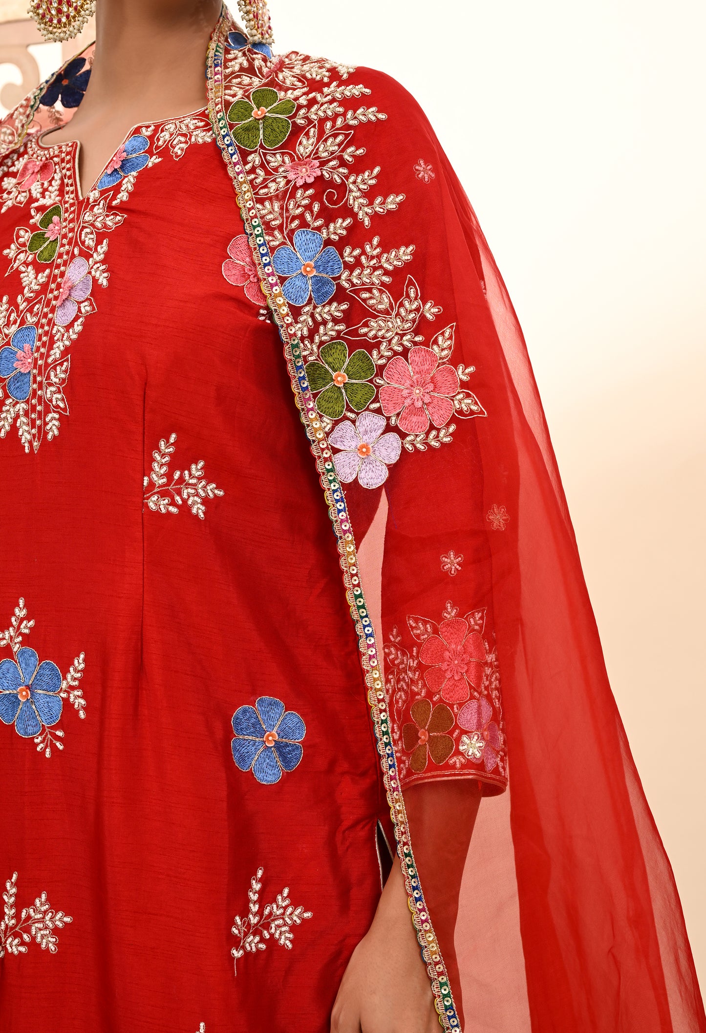 Vibrant Red Silk Sharara Set with Zardozi Embroidery, Thread, and Pearl Work