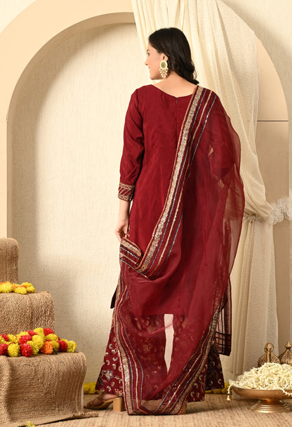 Red Maroon Sharara Set with Thread, Zari, and Sequence Work