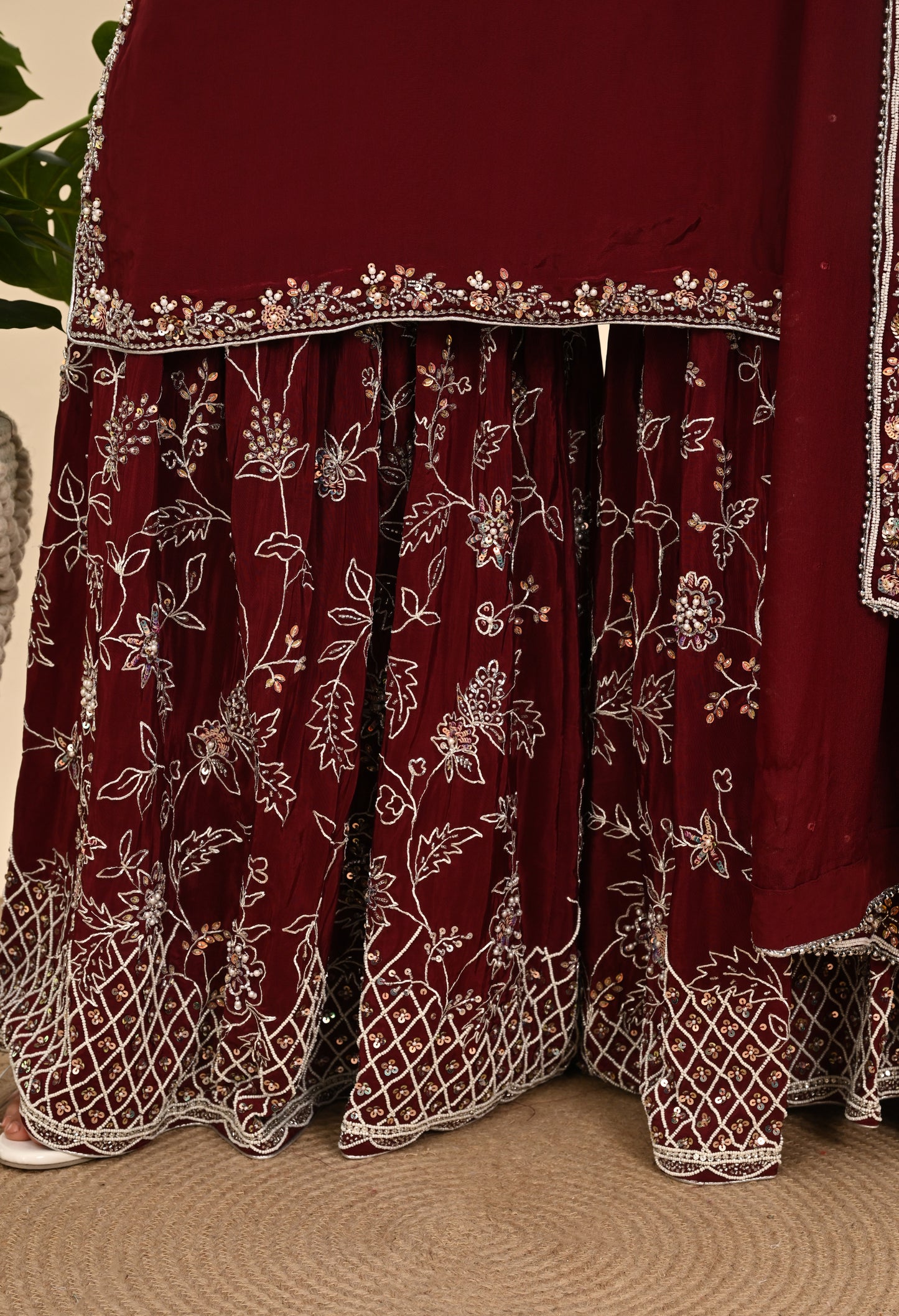 Rich Maroon Crepe Sharara Set with Thread and Sequin Embroidery