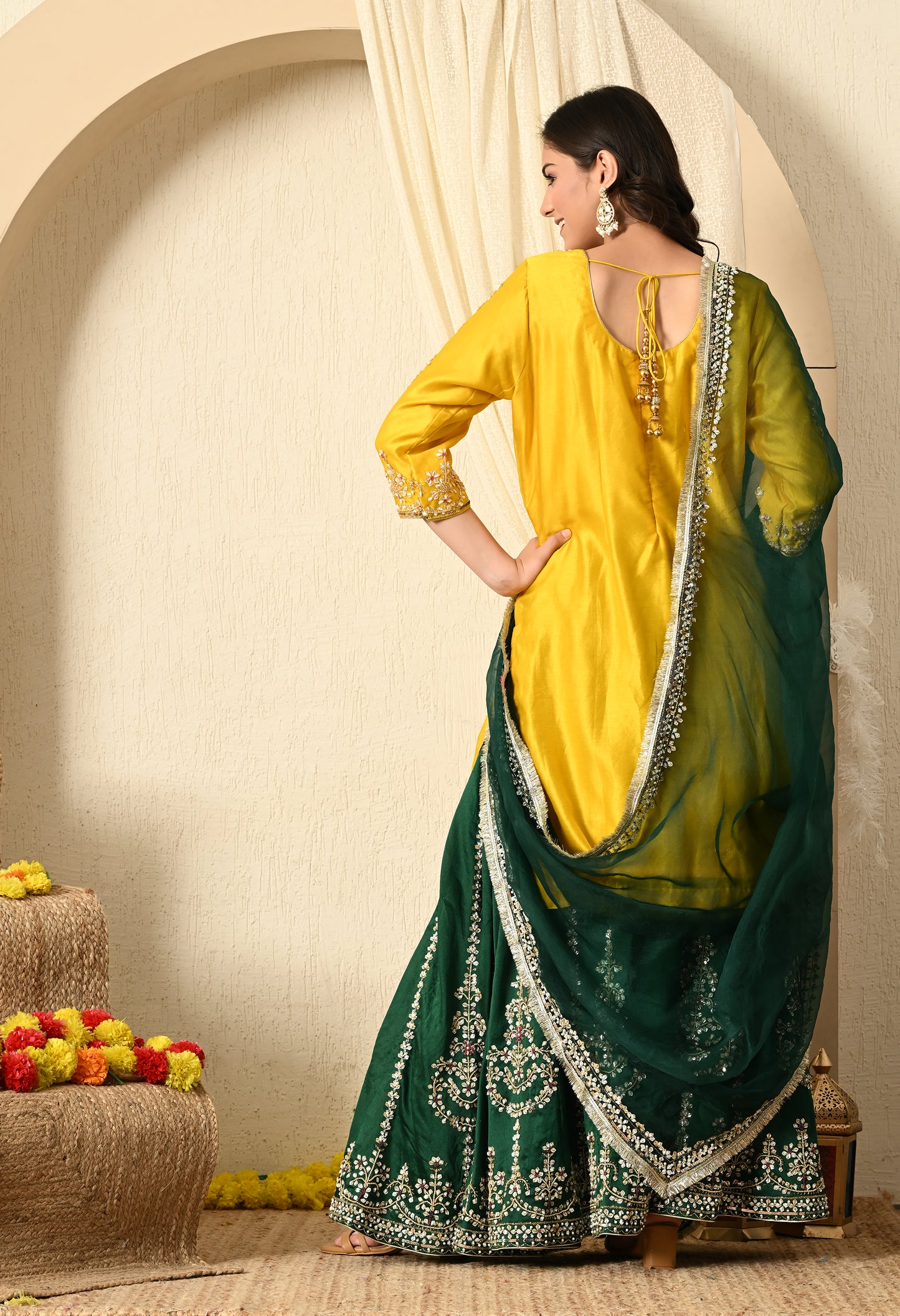 Green and Yellow Lehenga Set with Exquisite Sequence Work