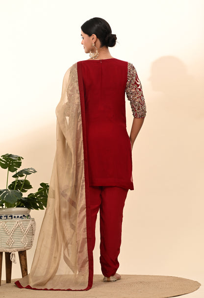 Rich Reddish Maroon Kurta Set with Zardozi Embroidery