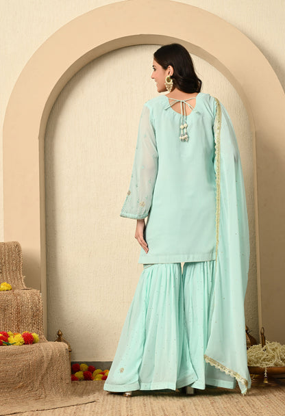 Light Green Sharara Set with Mesmerizing Thread and Crystal Work