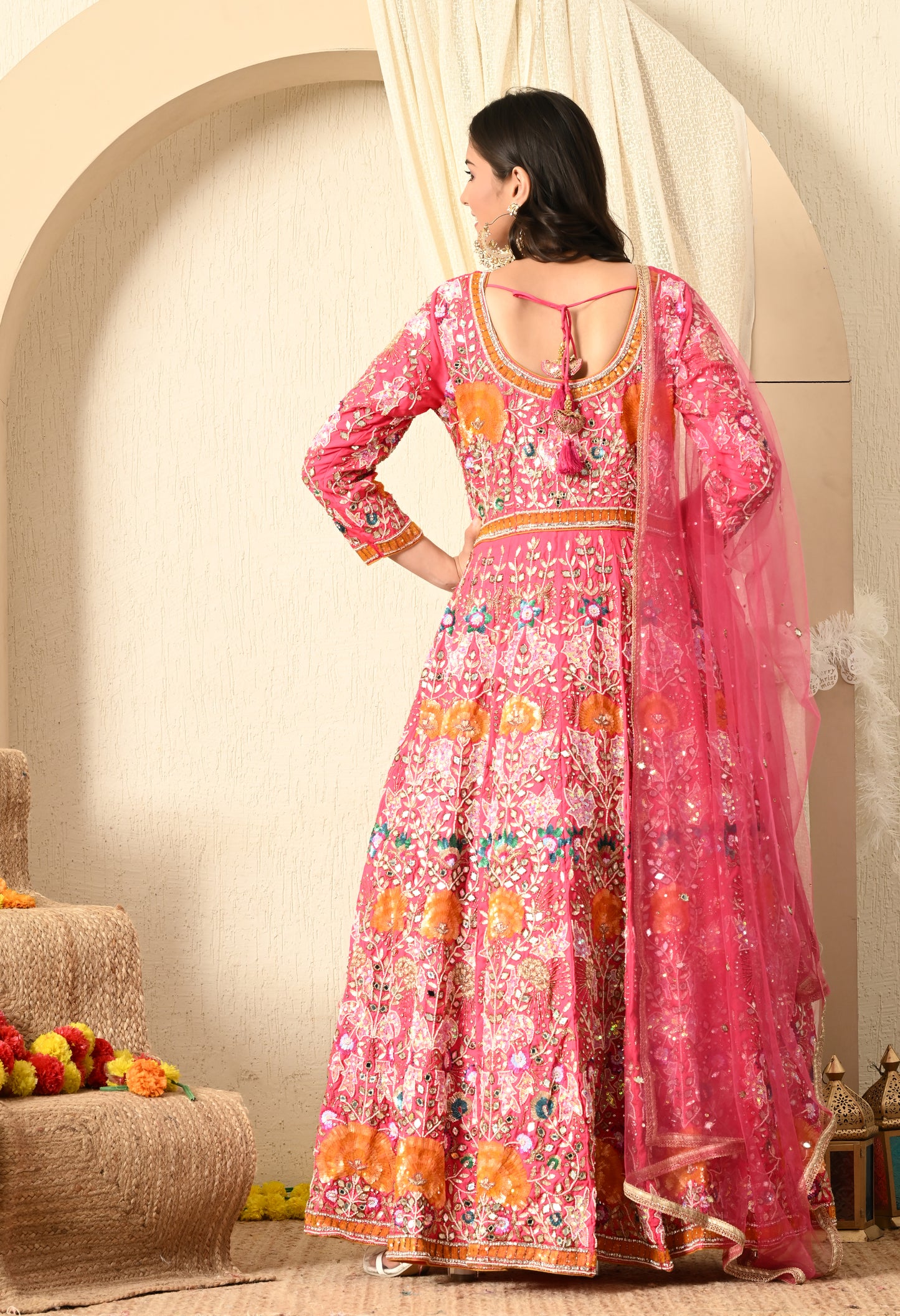 Dark Pink Anarkali with Zardozi, Sippy, Sequence, and Mirror Work