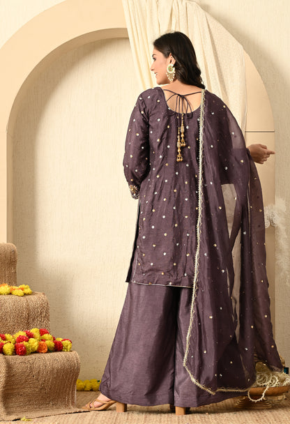 Purplish Grey Kurta Set with Mukaish, Zardozi and Sequence Work