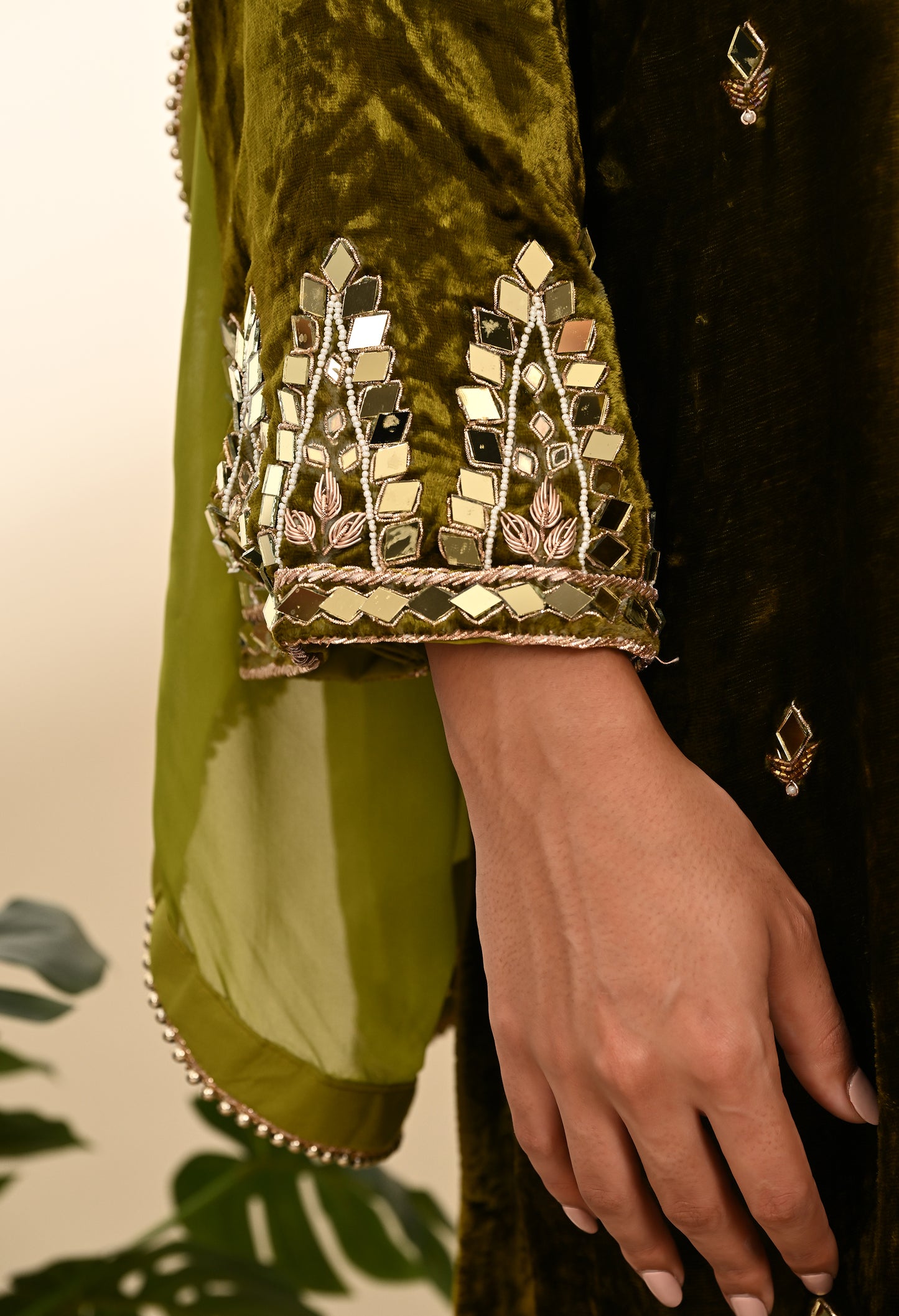 Elegant Mehndi Green Velvet Kurta Set Featuring Zardozi Embroidery