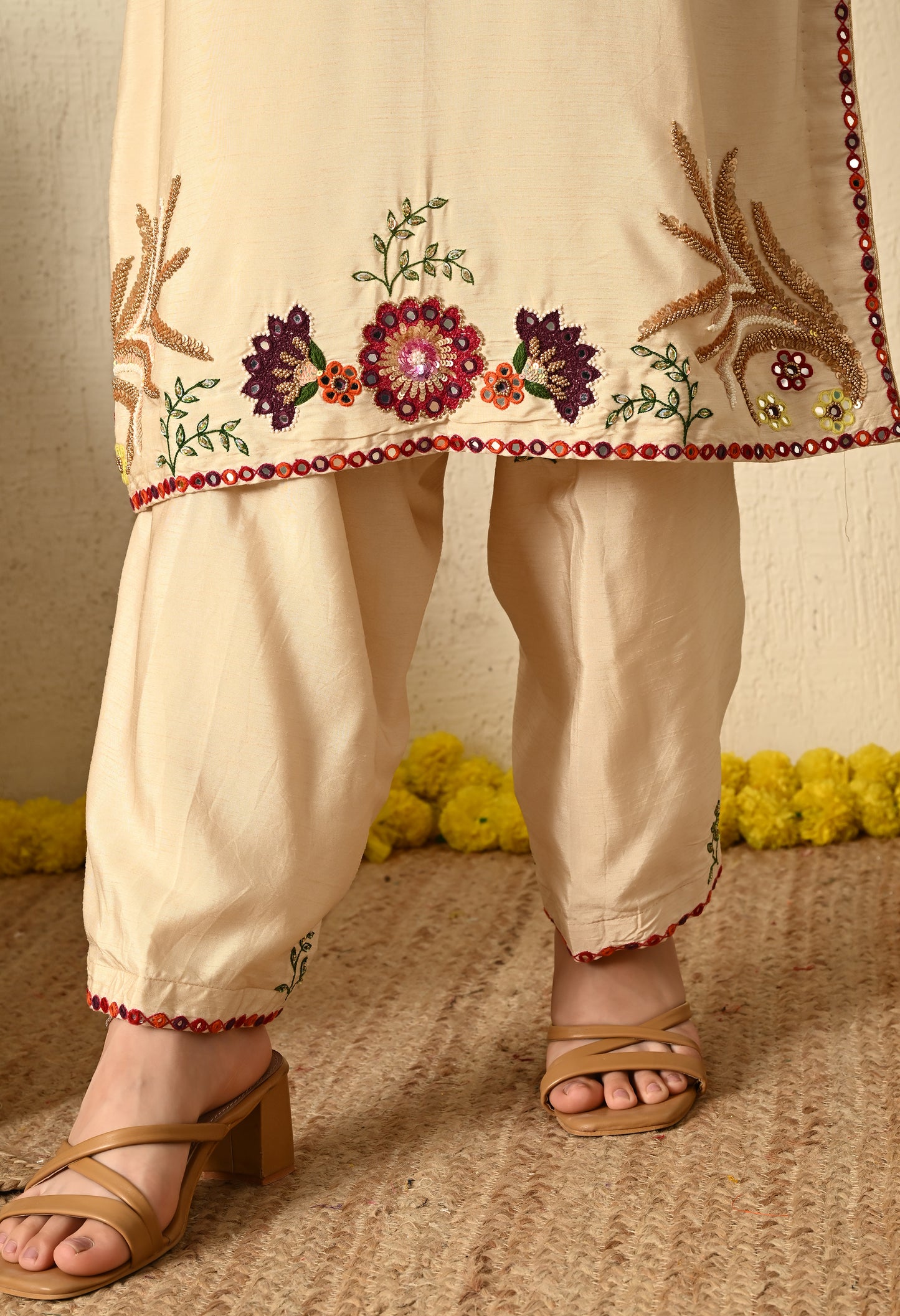 Dark Cream Kurta Set with Sequence and Thread Work