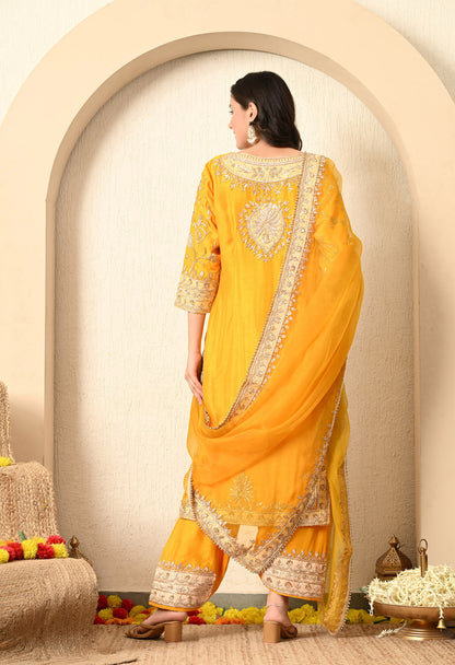 Saffron Yellow Kurta Set with Zardozi, Tilla, and Dabka Work