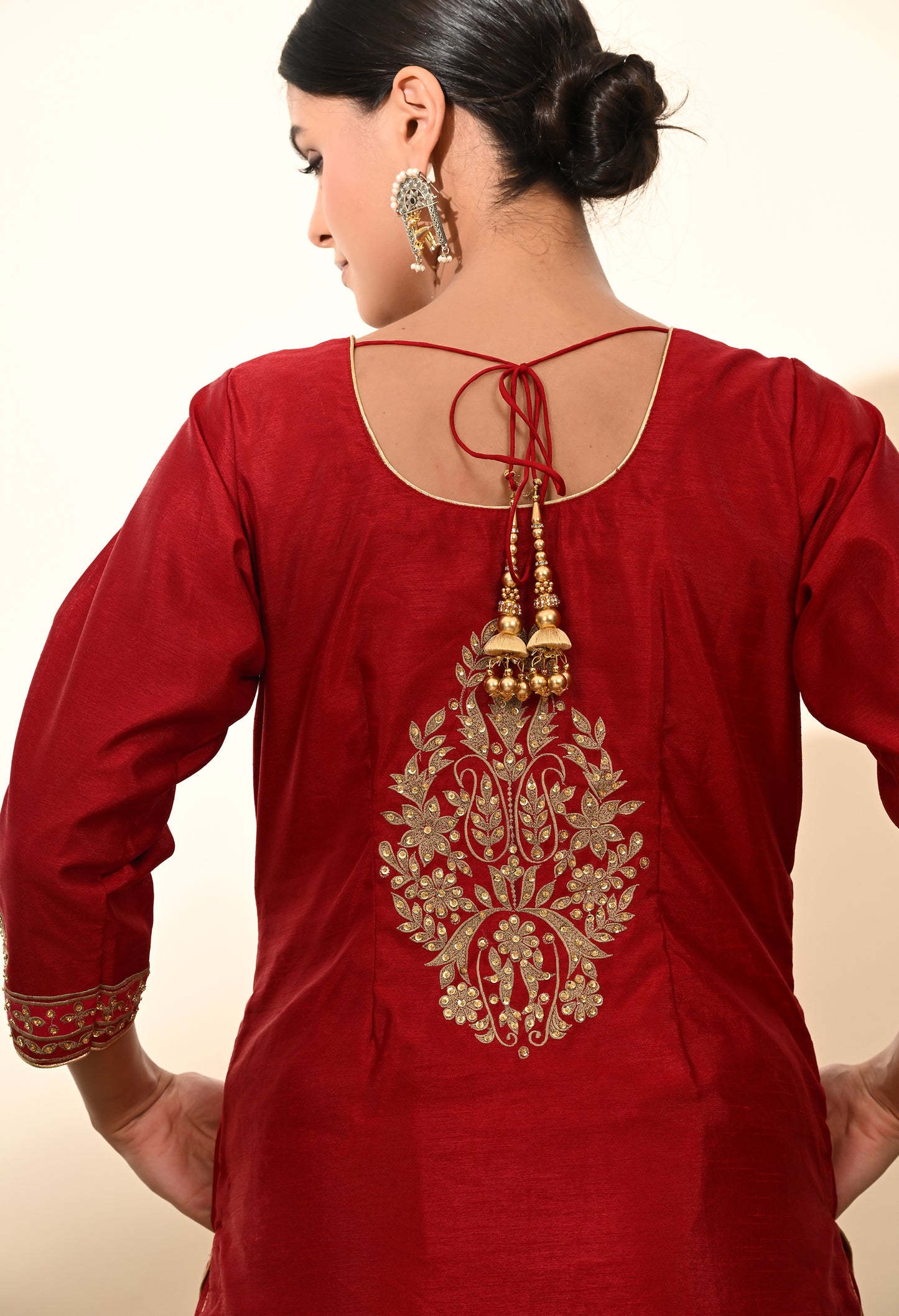 Deep Maroon Silk Kurta Set with Thread and Sequin Embroidery