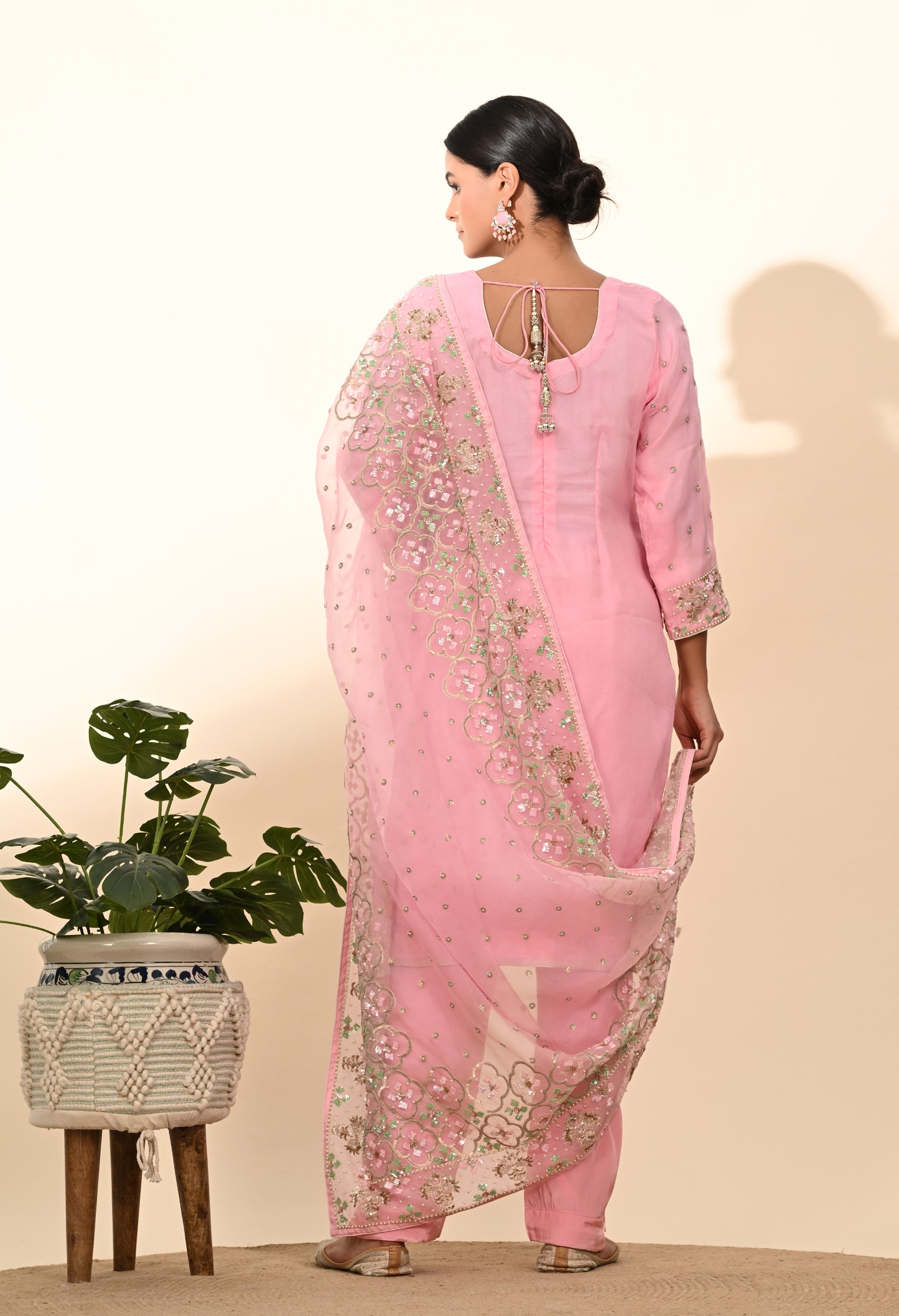 Elegant Onion Pink Organza Kurta Set with Sequence and Thread Embroidery