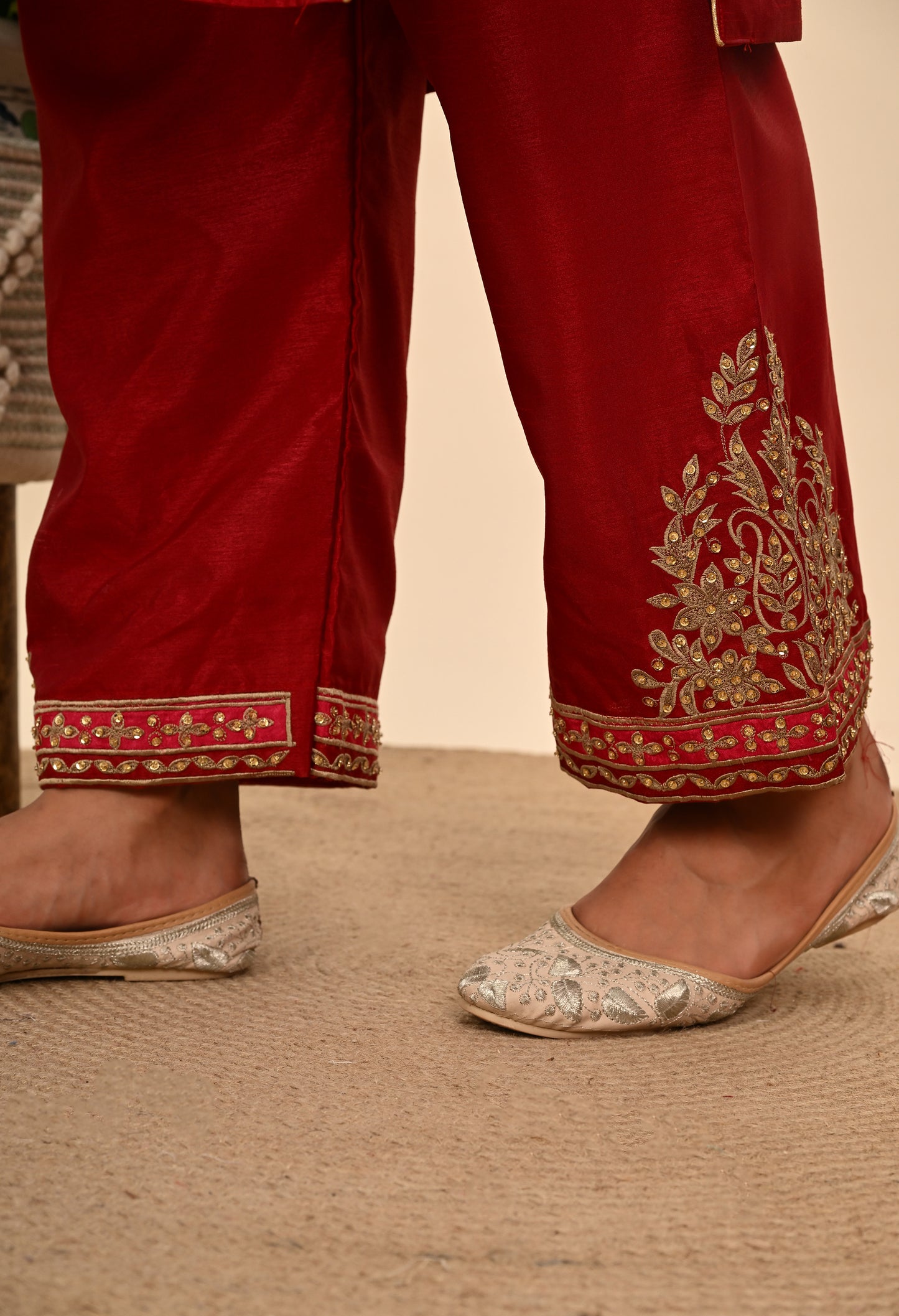 Deep Maroon Silk Kurta Set with Thread and Sequin Embroidery