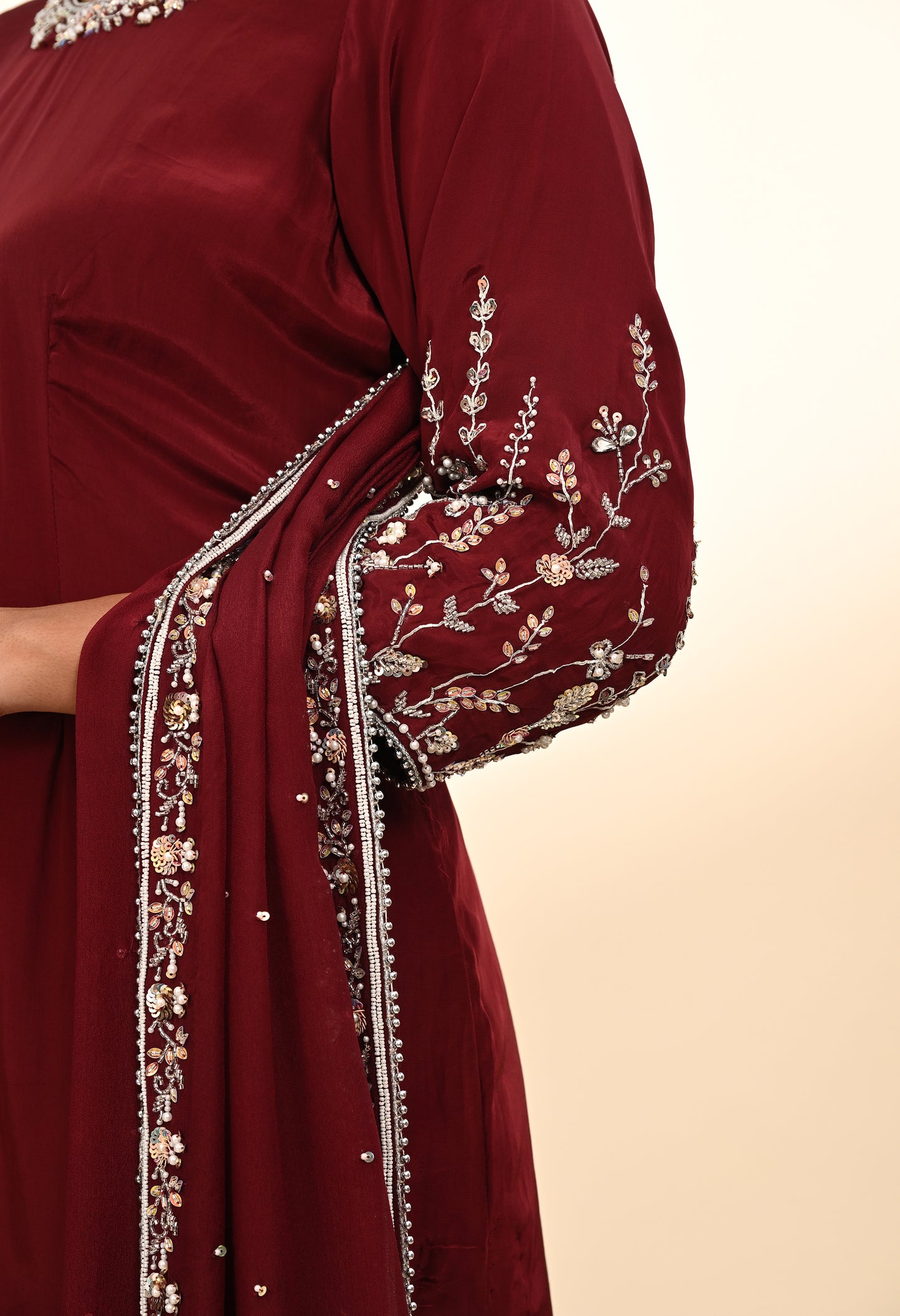 Rich Maroon Crepe Sharara Set with Thread and Sequin Embroidery