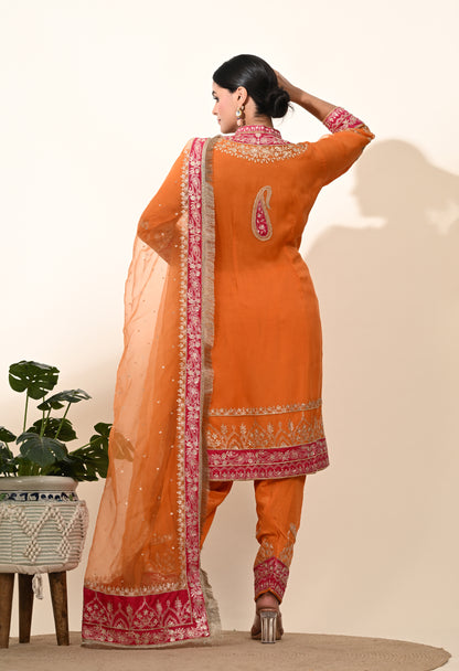 Vibrant Orange Kurta Set with Exquisite Zardozi Embroidery