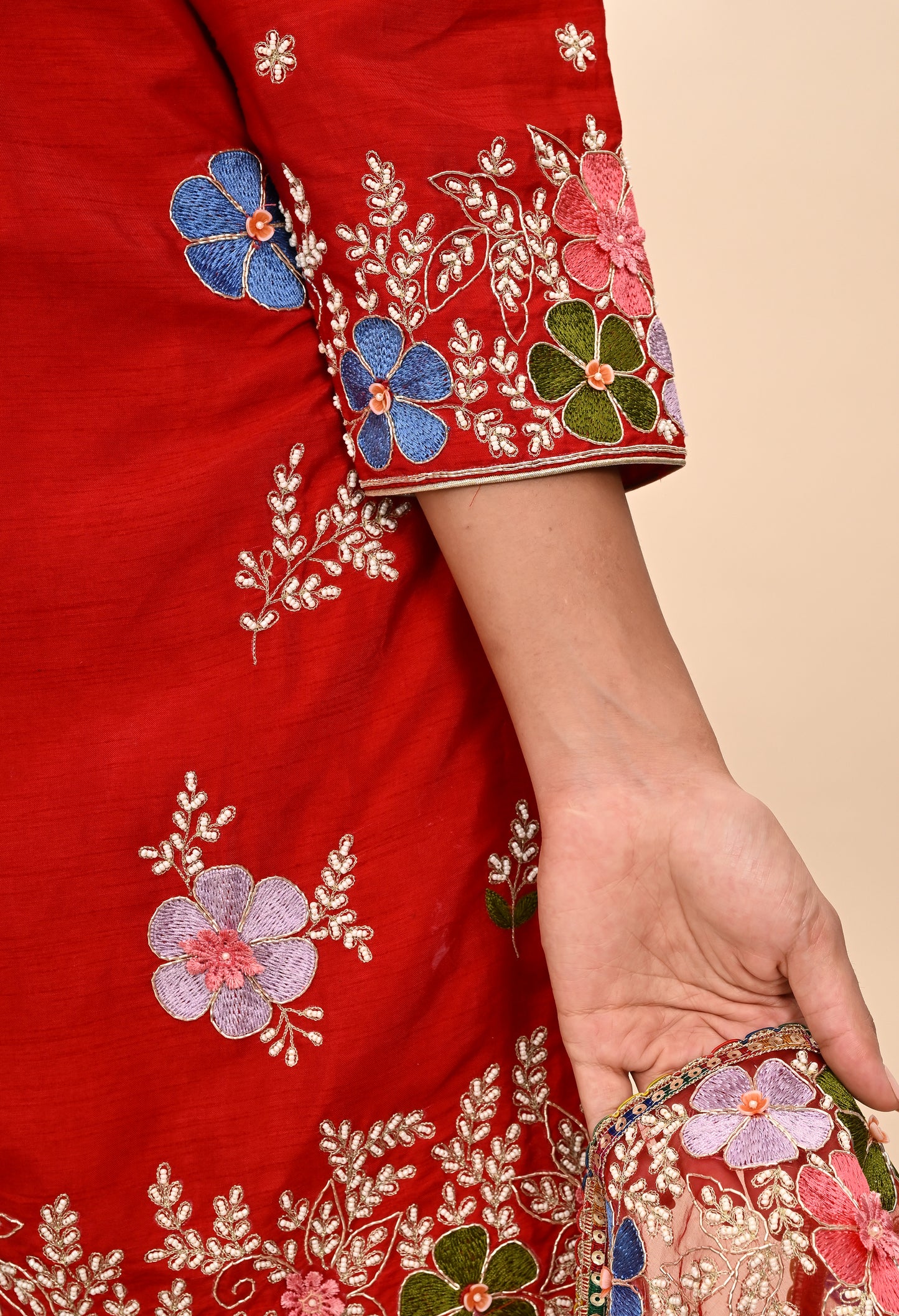 Vibrant Red Silk Sharara Set with Zardozi Embroidery, Thread, and Pearl Work