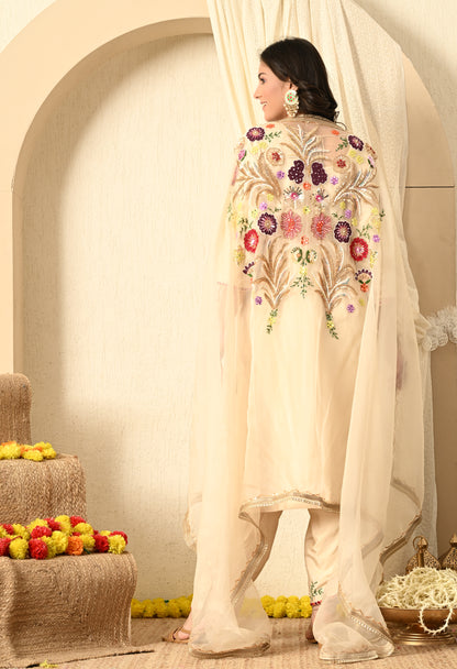 Dark Cream Kurta Set with Sequence and Thread Work