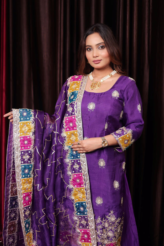 Vibrant Purple Zardozi and Cutdana Embroidered Organza Kurta Set