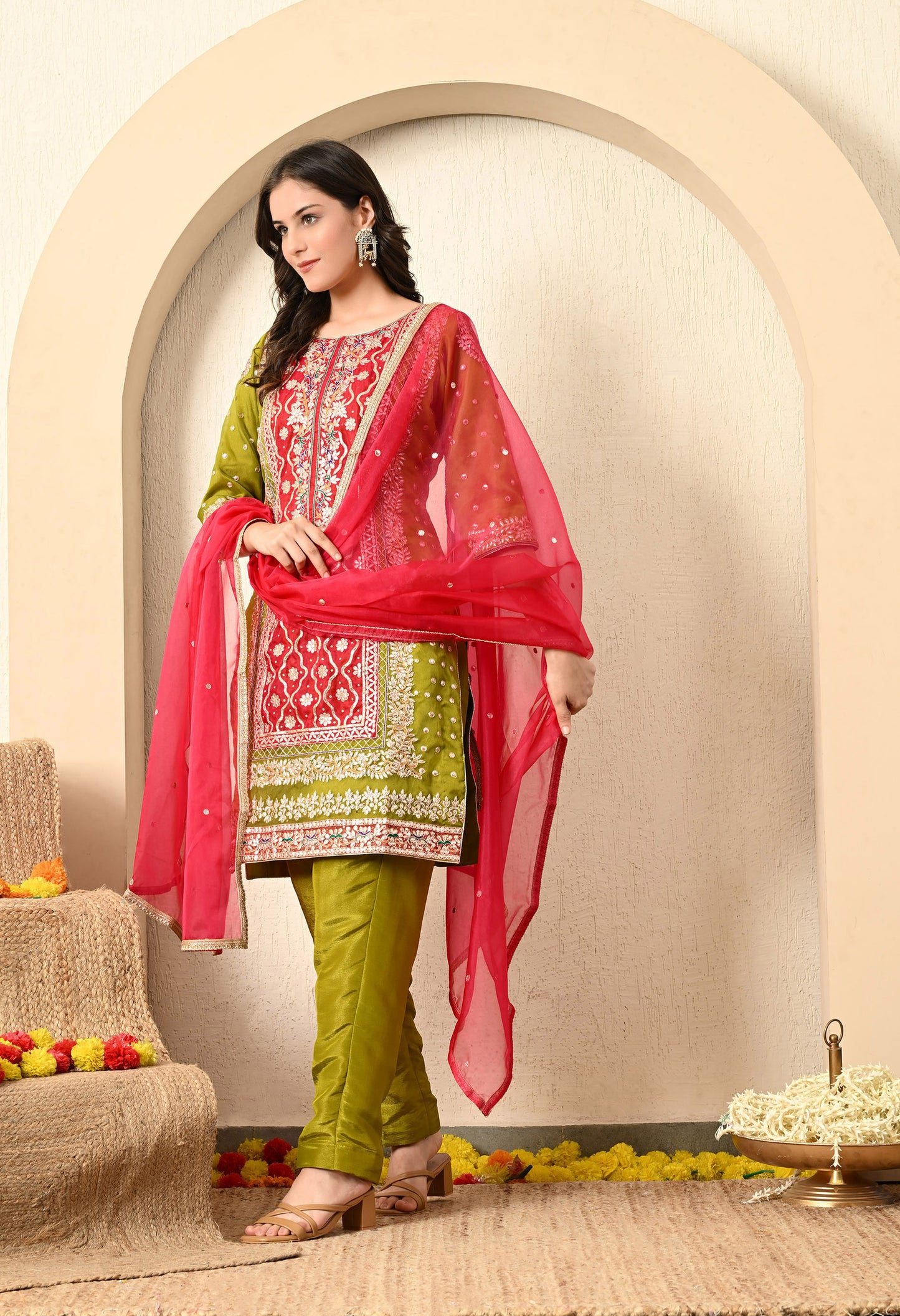 Rani and Green Colour Hue Kurta Set with Gotta, Zardozi, and Sequence Work