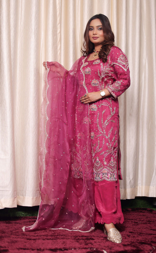 Delicate Strawberry Pink Organza Kurta with Intricate Zardozi Embroidery