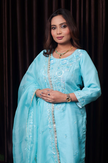 Delicate Baby Blue Organza Kurta Set with Thread, Sequin, and Dabka Embroidery