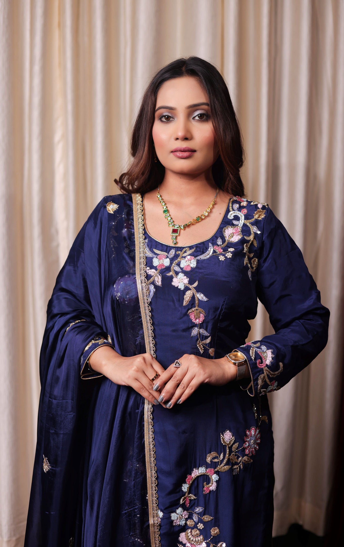 Navy Blue Zardozi Sippy Sequence Embroidered Crepe Kurta Set